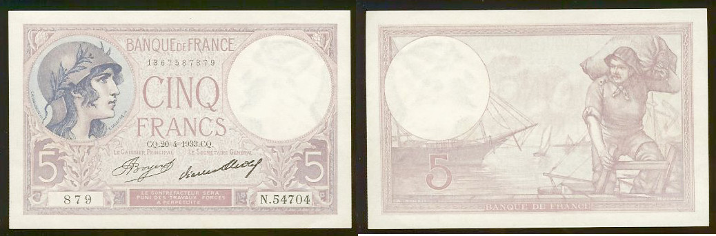 5 Francs VIOLET FRANCE 20.04.1933 SPL+